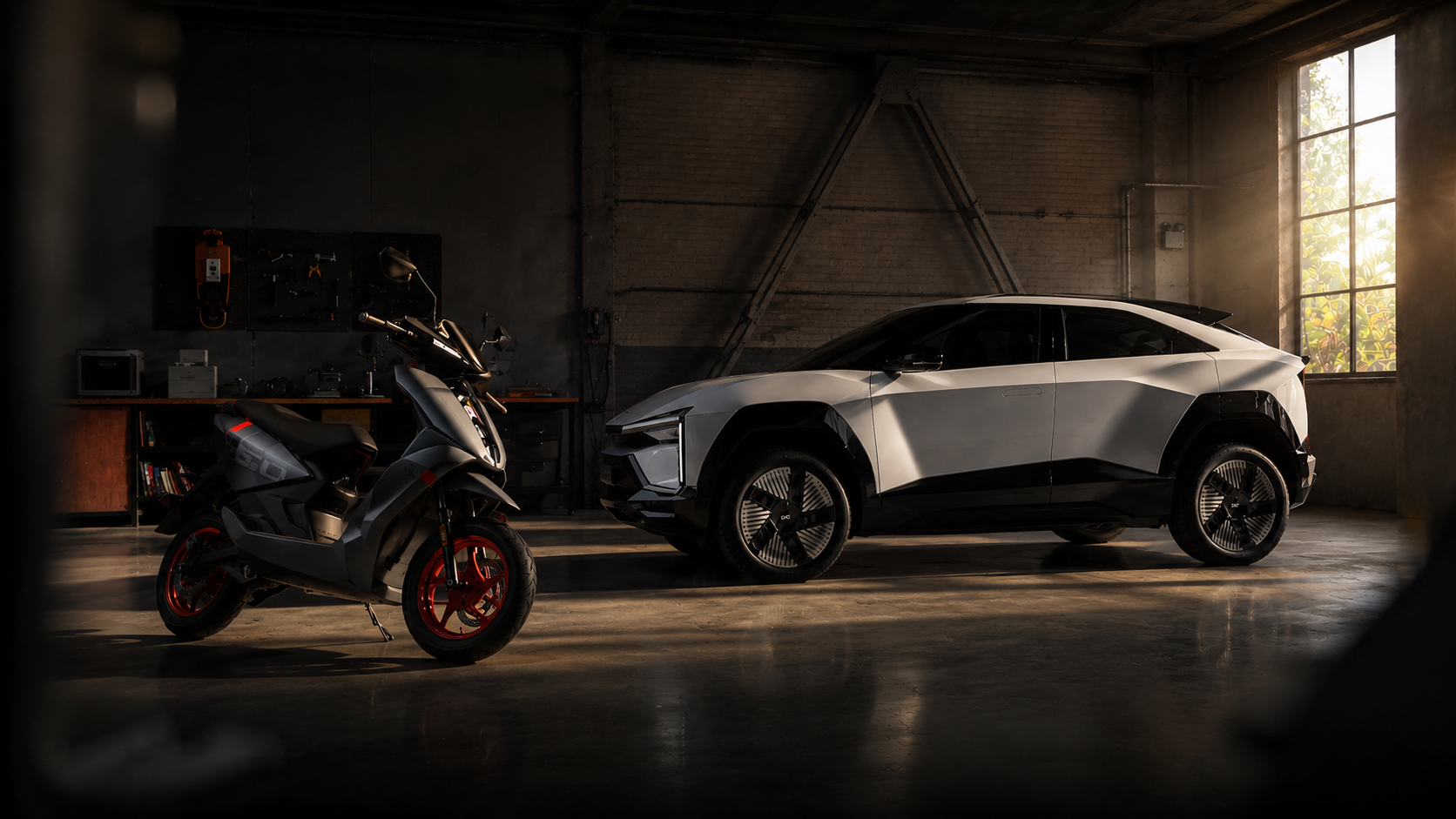 Electric car and scooter in a workshop
