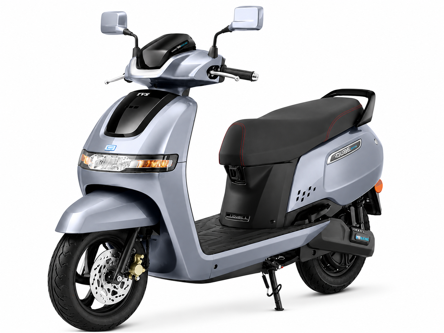 TVS iQube electric scooter in grey, front three-quarter view